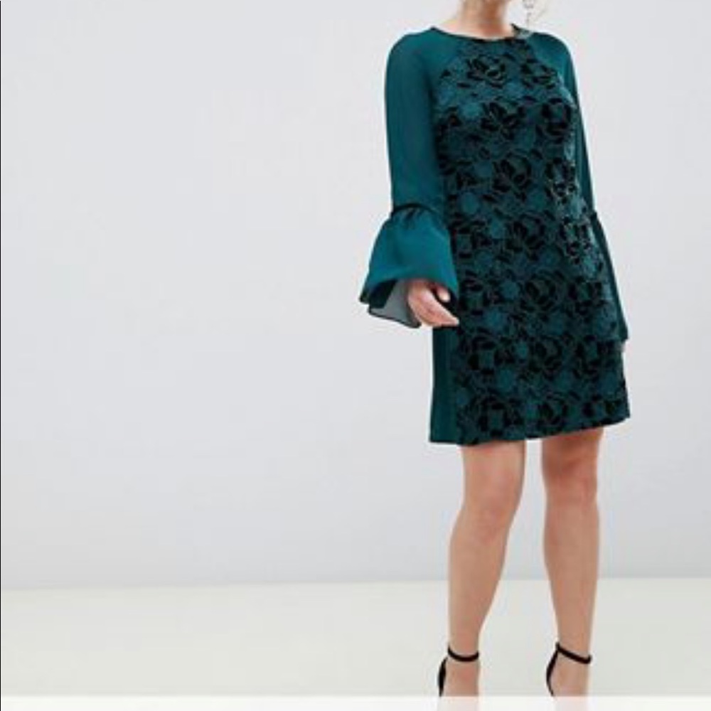 Paper Dolls Petite velvet lace shift dress with sheer sleeve in emerald